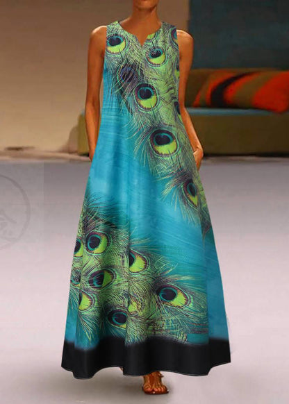 New Summer Green Feather Dress Sleeveless Long Dress