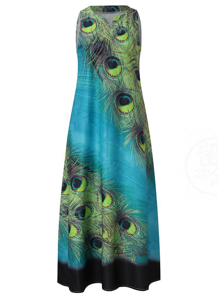 New Summer Green Feather Dress Sleeveless Long Dress