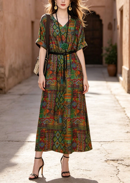 New V Neck Print Pockets Loose Cotton Maxi Dress Summer
