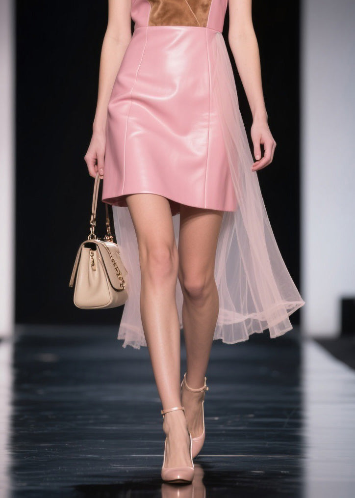 New V Neck Tulle Patchwork Faux Leather Mid Dresses Sleeveless