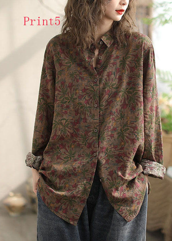 New Versatile Print Peter Pan Collar Cotton Shirt Long Sleeves