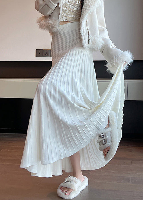New White High Waist Knit Pleated Skirt