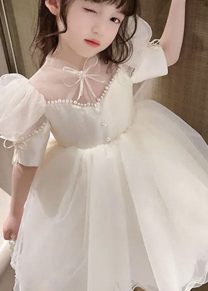 New White Nail Bead Bow Patchwork Tulle Baby Princess Dresses Summer