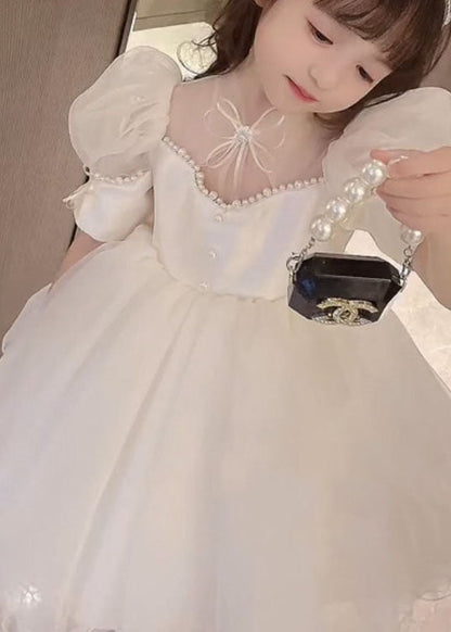 New White Nail Bead Bow Patchwork Tulle Baby Princess Dresses Summer