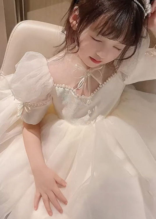 New White Nail Bead Bow Patchwork Tulle Baby Princess Dresses Summer