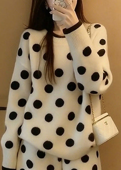 New White O Neck Dot Print Knit Two Piece Set Winter