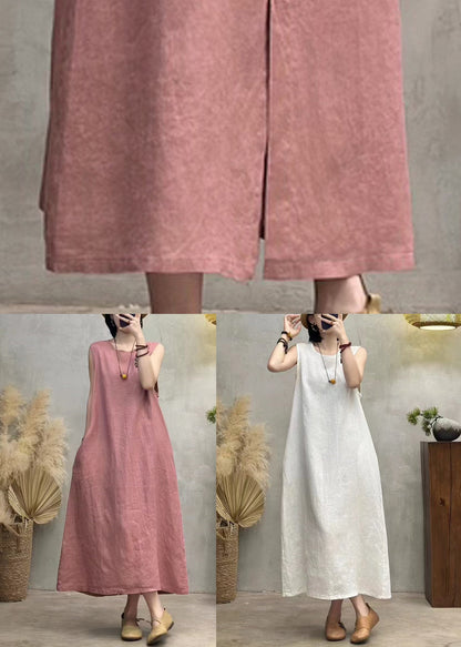 New White O Neck Pockets Linen Long Dress Sleeveless