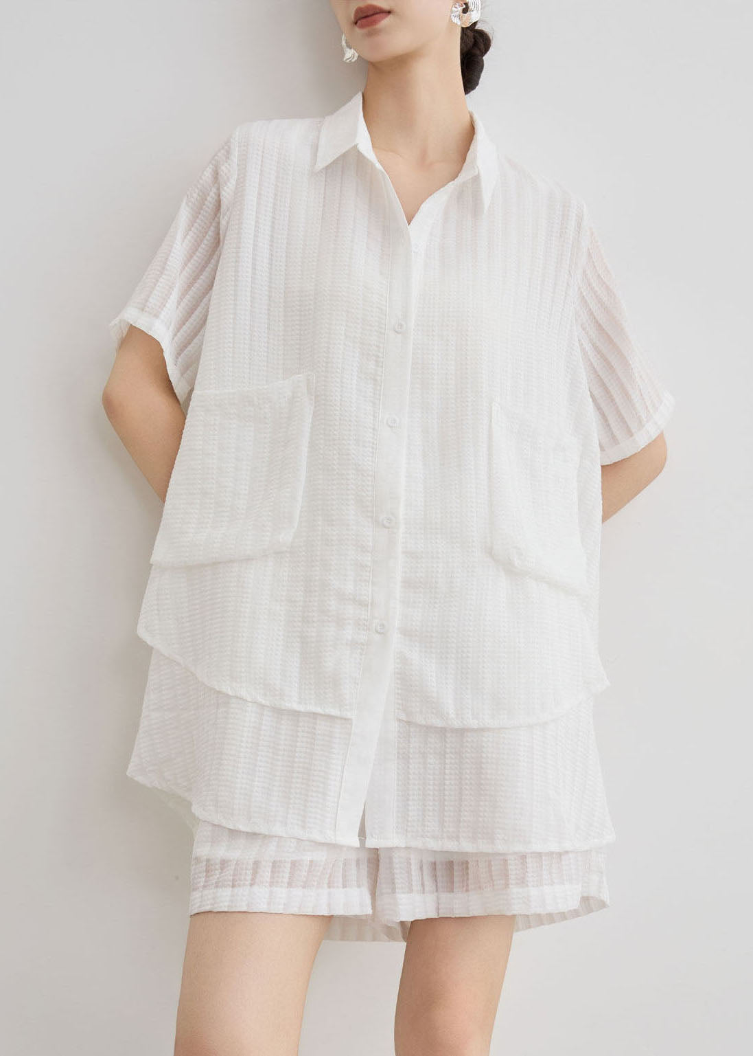 New White Peter Pan Collar Striped Cotton Two Piece Suit Set Summer