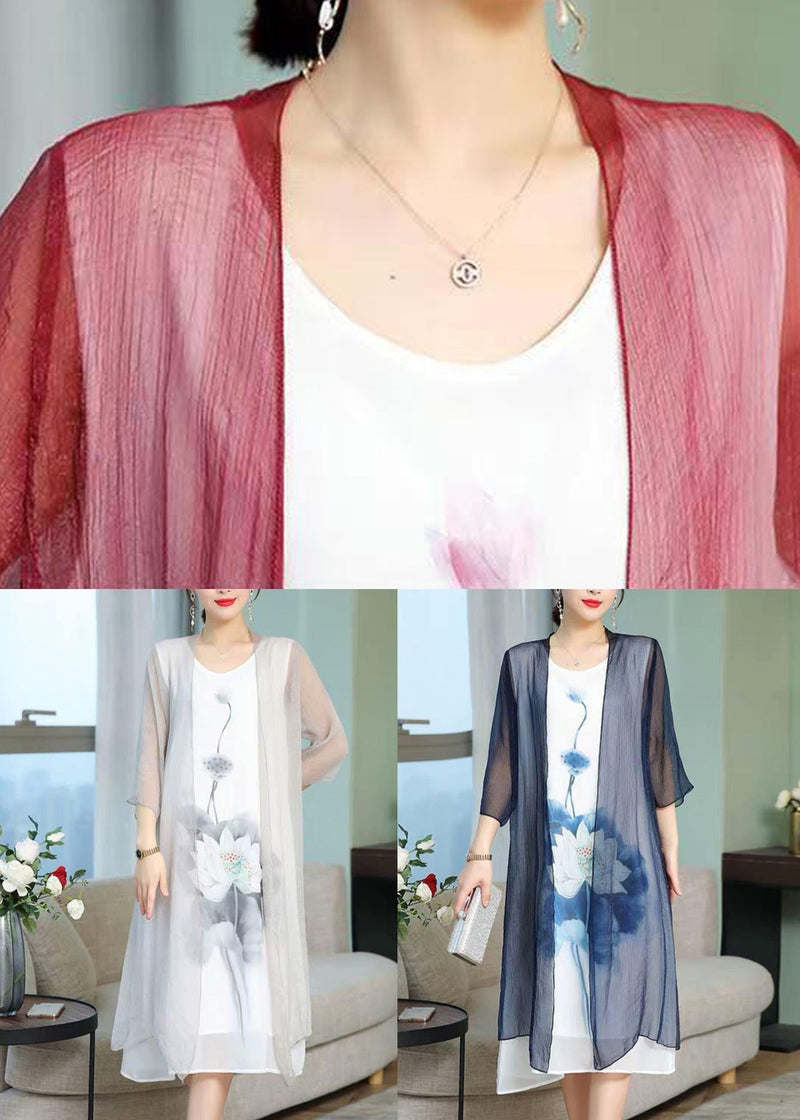 New White Print Cardigan and Tank Dress Two Pieces Set Bracelet Sleeve