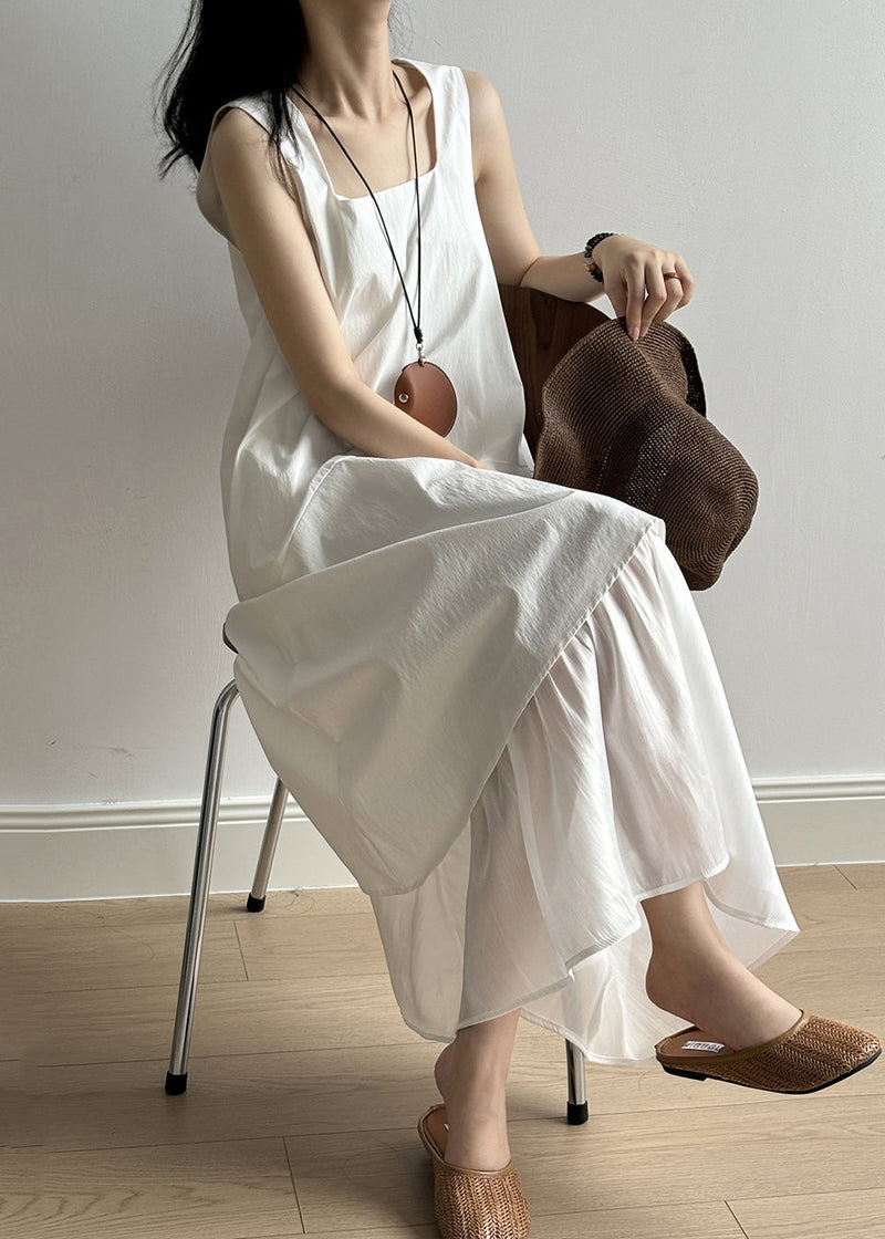 New White Square Collar Patchwork Cotton Long Dresses Sleeveless