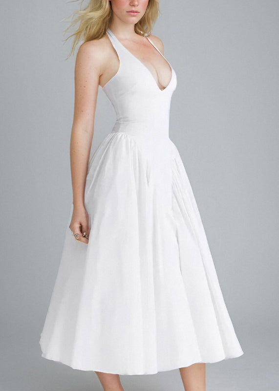 New White V Neck Pockets Cotton Dress Sleeveless