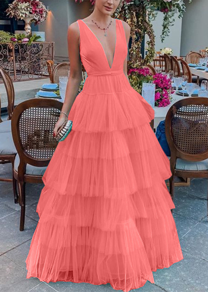 New White V Neck Tulle Maxi Dresses Sleeveless