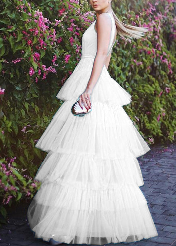 New White V Neck Tulle Maxi Dresses Sleeveless