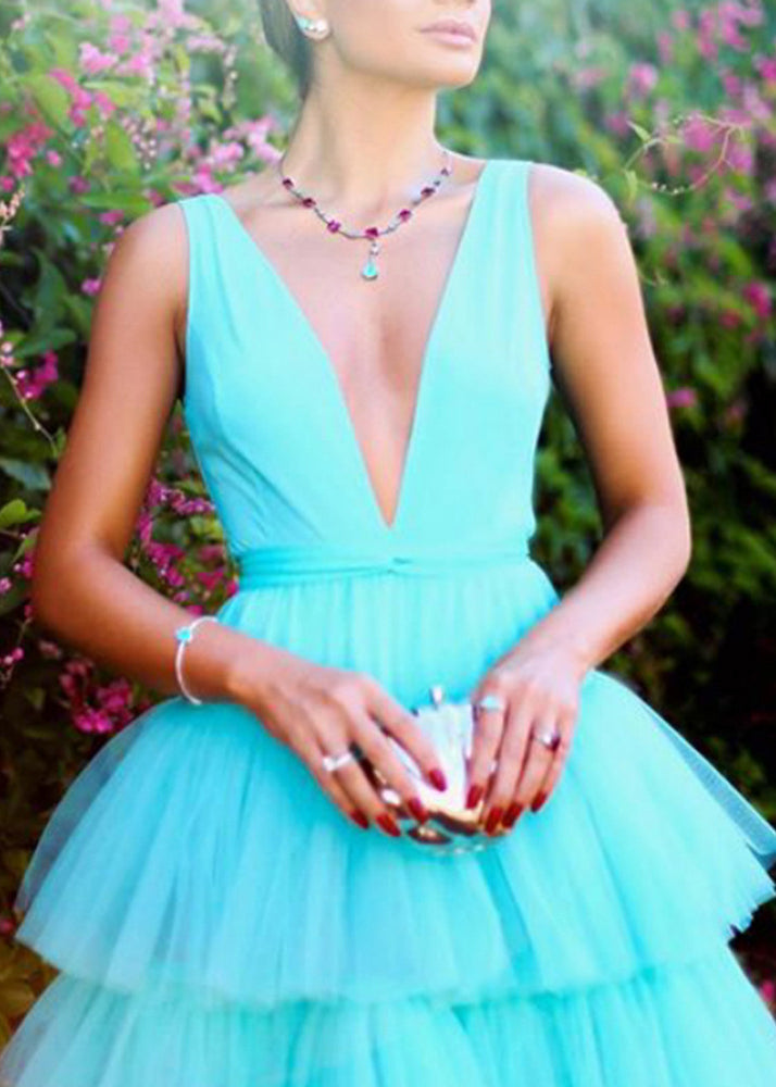 New White V Neck Tulle Maxi Dresses Sleeveless