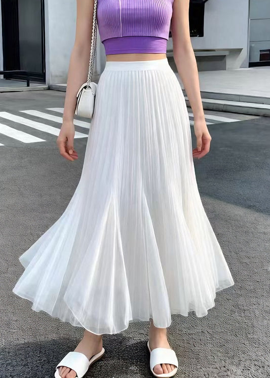 New White Wrinkled Elastic Waist Tulle Skirts Summer