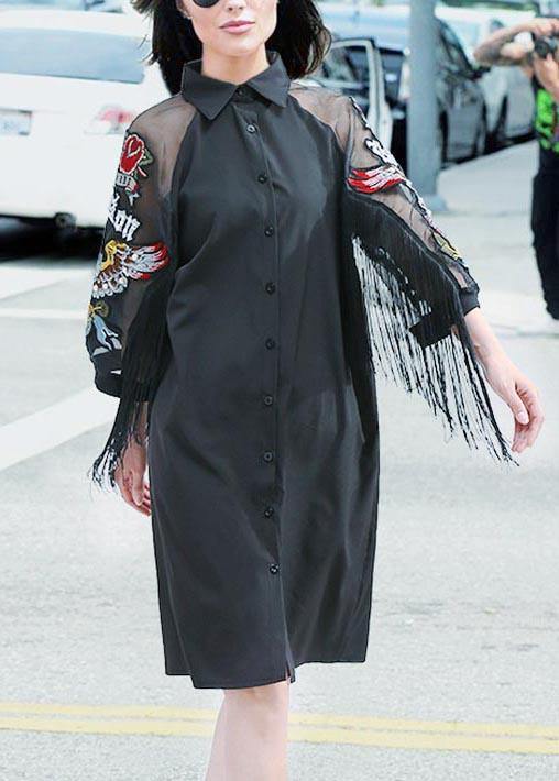 New Woman Black Shirt Embroidery Fringe Dress