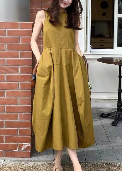 New Yellow Pockets Cotton Long Dresses Sleeveless