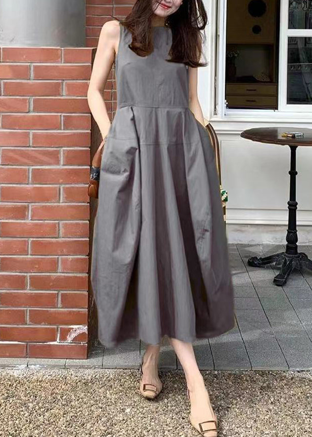 New Yellow Pockets Cotton Long Dresses Sleeveless