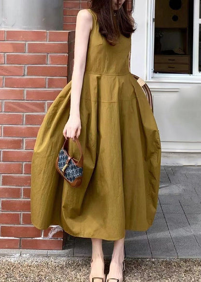 New Yellow Pockets Cotton Long Dresses Sleeveless