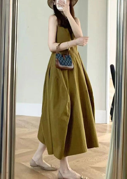 New Yellow Pockets Cotton Long Dresses Sleeveless