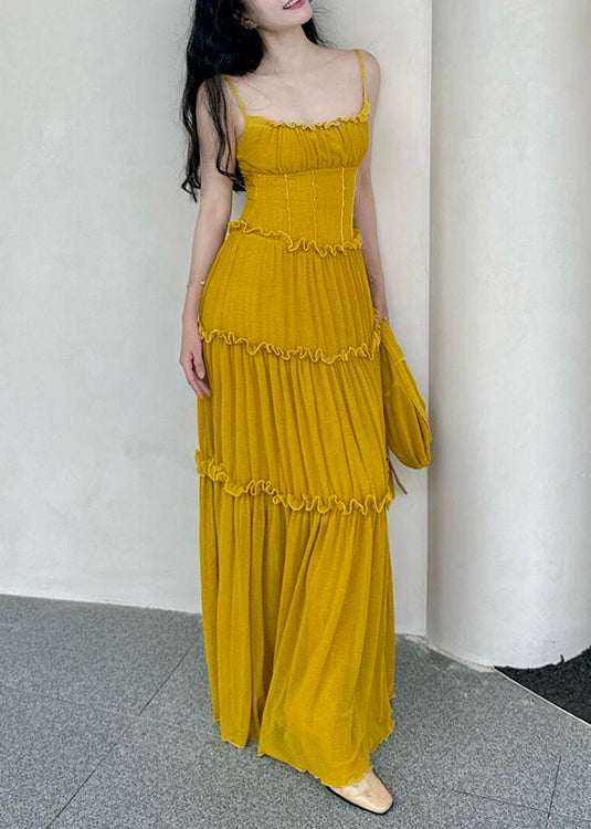 New Yellow Ruffled Cotton Spaghetti Strap Dress Sleeveless