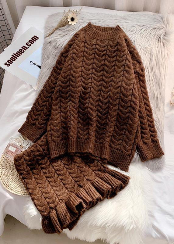 New Autumn and Winter Retro Mahogany Khaki Sweater Suit Skirt Two Piece Set