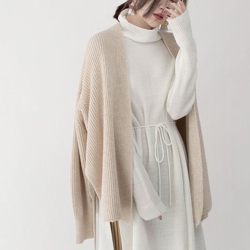 New Beige Winter Sweater V Neck Tie Waist Knit Sweat Tops Top