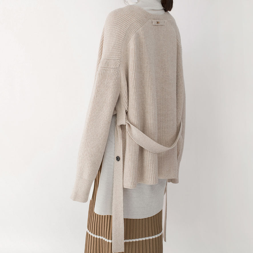 New Beige Winter Sweater V Neck Tie Waist Knit Sweat Tops Top