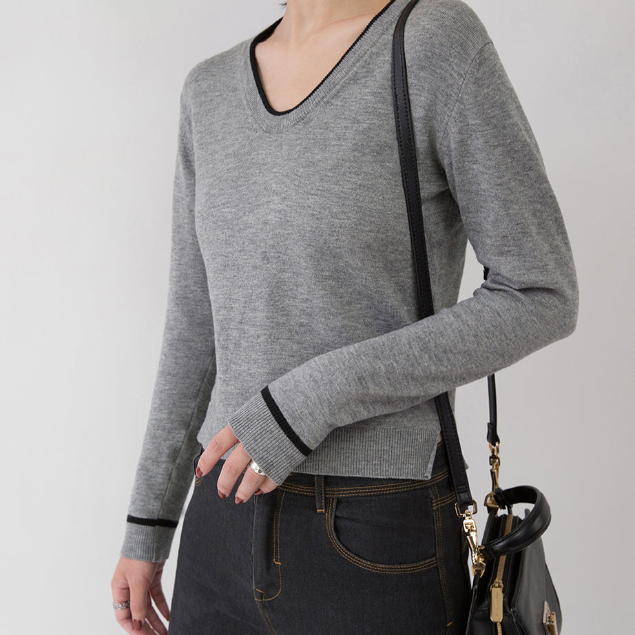 New Gray Cozy Sweater Loose Fitting V Neck Sweaters Side Open Sweaters
