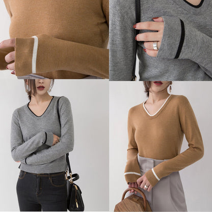 New Gray Cozy Sweater Loose Fitting V Neck Sweaters Side Open Sweaters