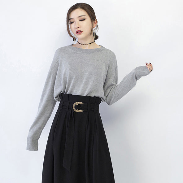 New Gray Cozy Sweater O Neck Knitted Tops Baggy Blouse