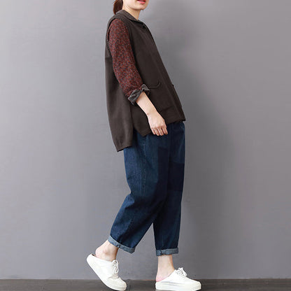 New Khaki Cozy Sweater Loose Fitting Lapel Collar Sweaters Sleeveless Top