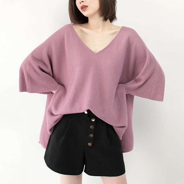 New Pink Sweater Loose Fitting V Neck Knit Sweat Tops Batwing Sleeve Top