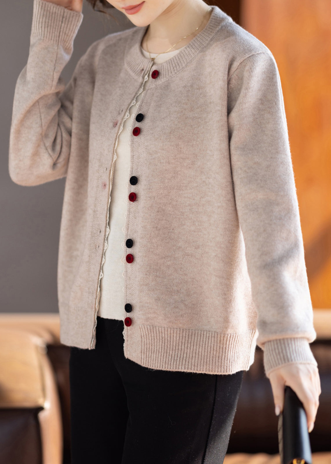 Novelty Beige O-neck Patchwork Cotton Knit Cardigans Fall