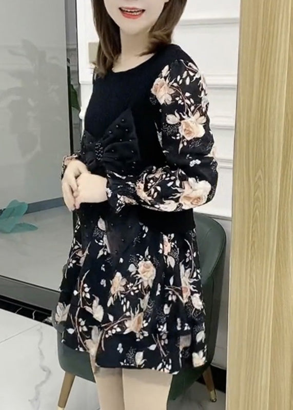 Novelty Black O-neck Bow Patchwork Mid Dress Spring
