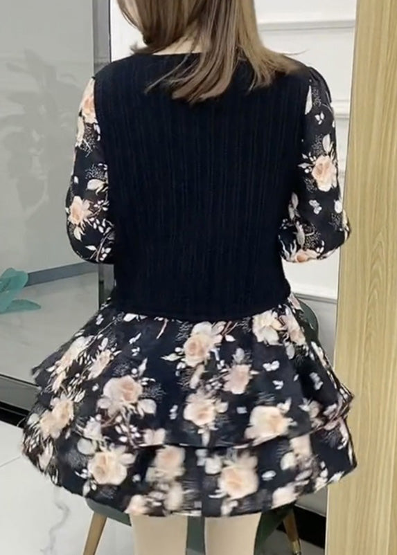 Novelty Black O-neck Bow Patchwork Mid Dress Spring