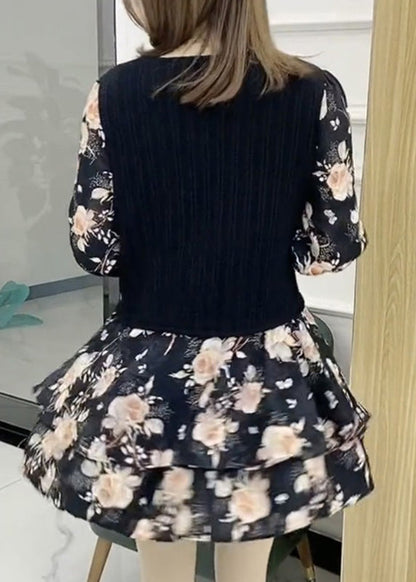 Novelty Black O-neck Bow Patchwork Mid Dress Spring