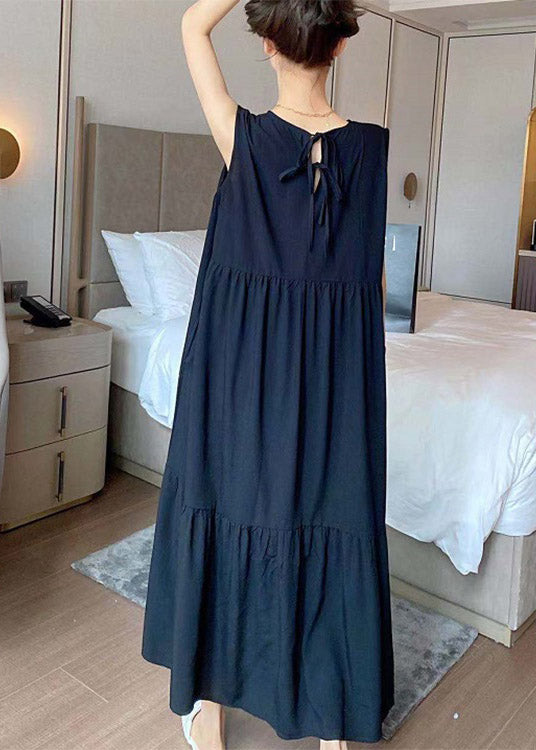 Novelty Black O-neck Patchwork Wrinkled Cotton Long Dress Summer