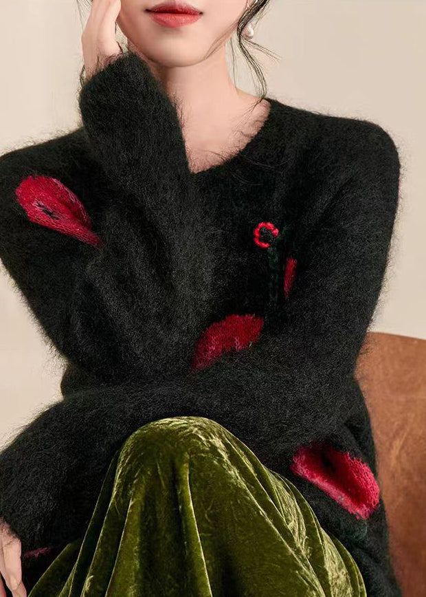 Novelty Black O-neck Print Cozy Cotton Knit Sweaters Spring