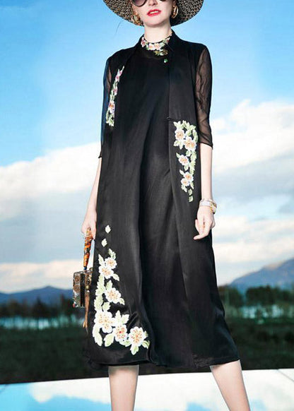 Novelty Black Stand Collar Embroideried Button Silk Maxi Dress Summer