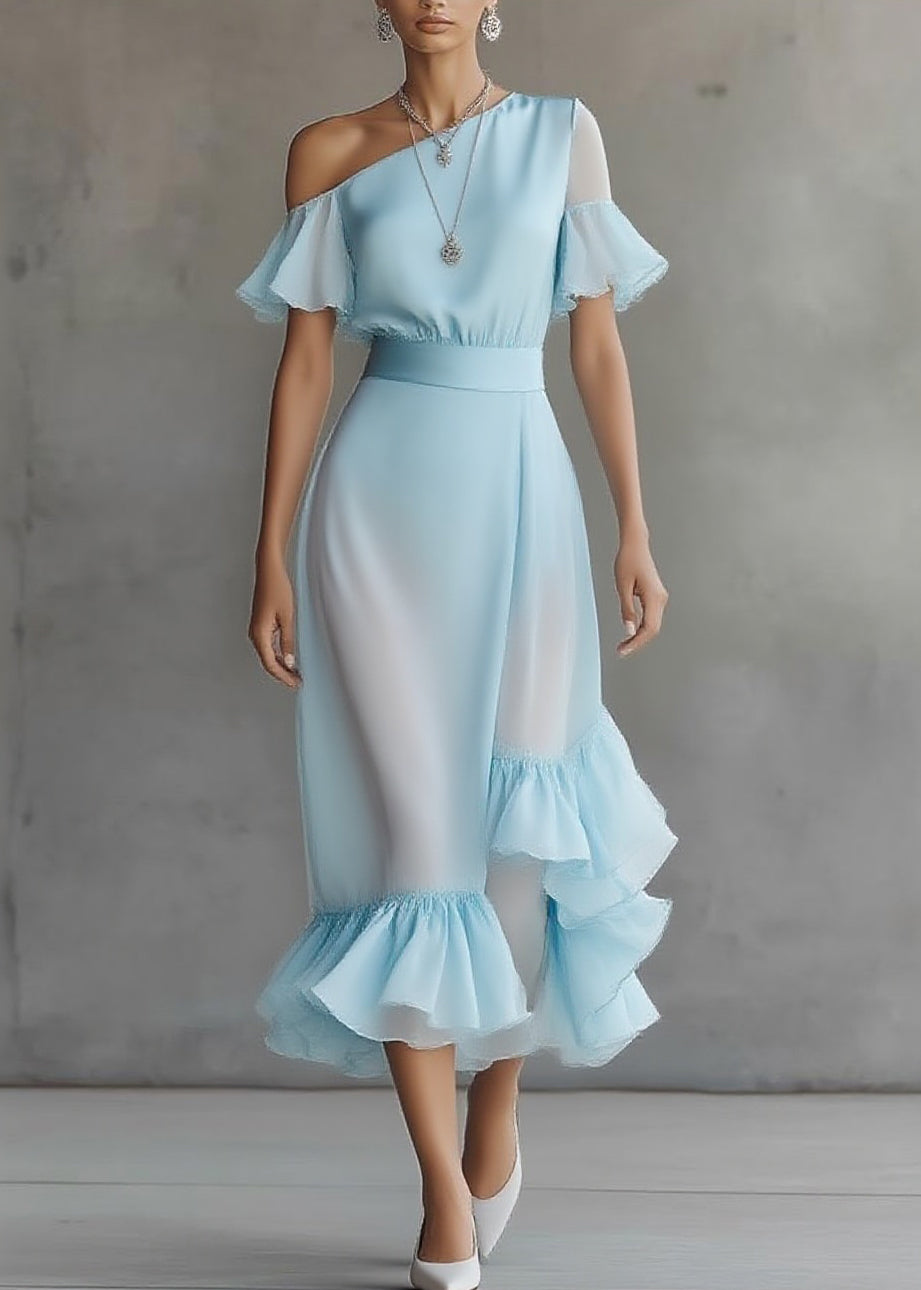 Novelty Blue Asymmetrical Patchwork Chiffon Maxi Dress Butterfly Sleeve