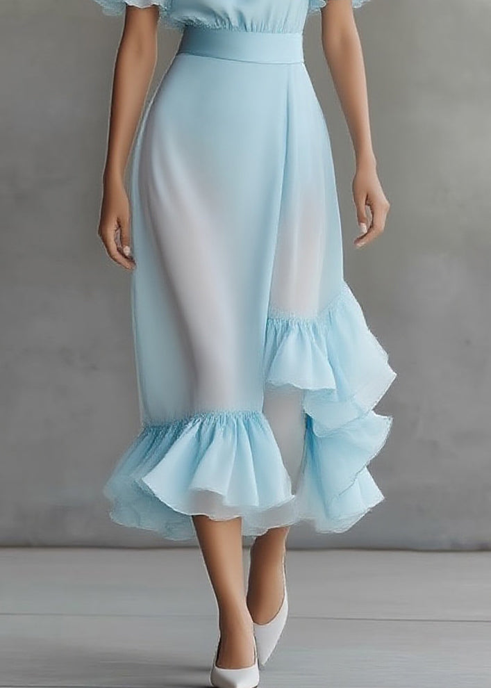 Novelty Blue Asymmetrical Patchwork Chiffon Maxi Dress Butterfly Sleeve