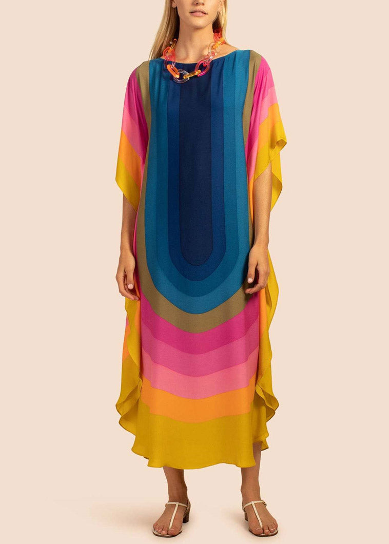 Novelty Blue O-neck Print Cozy Long Beach Dress Summer