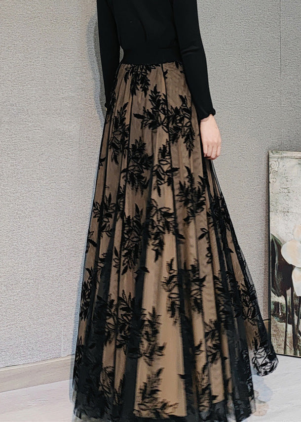 Novelty Chocolate Embroideried High Waist Draping Tulle Maxi Skirt Spring