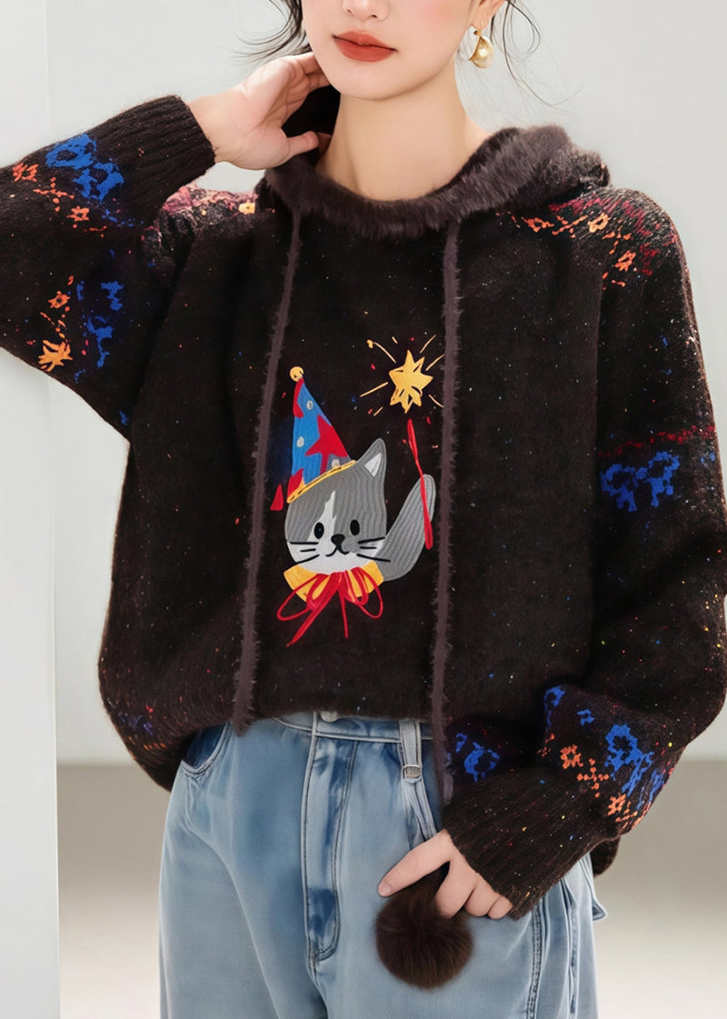 Novelty Coffee Tie Lace Print Thick Cotton Knit Hooded Sweater Spring