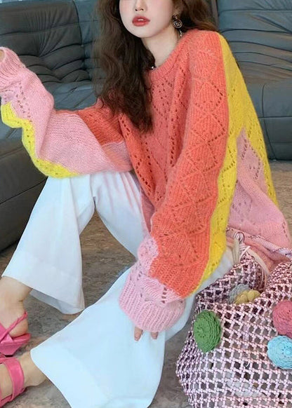 Novelty Colorblock O Neck Hollow Out Cotton Knit Sweaters Fall