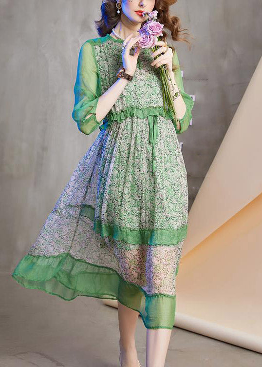 Novelty Green O-neck Print Patchwork Ruffled Tie Waist Holiday Maxi Dress Summer
