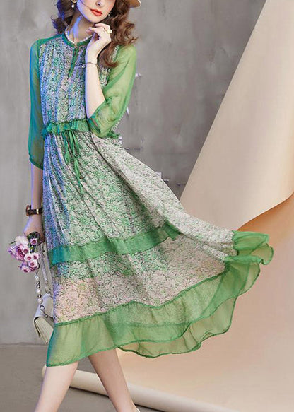 Novelty Green O-neck Print Patchwork Ruffled Tie Waist Holiday Maxi Dress Summer