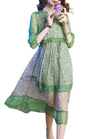 Novelty Green O-neck Print Patchwork Ruffled Tie Waist Holiday Maxi Dress Summer