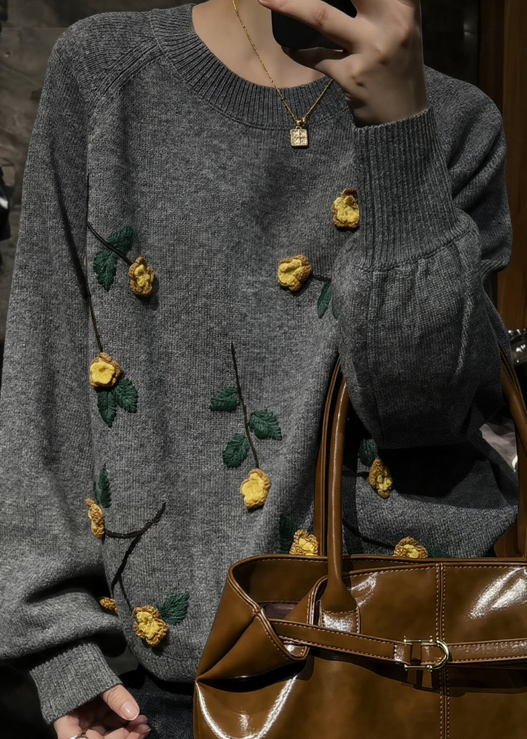 Novelty Grey O-neck Floralcozy Cotton Knit Sweaters Spring